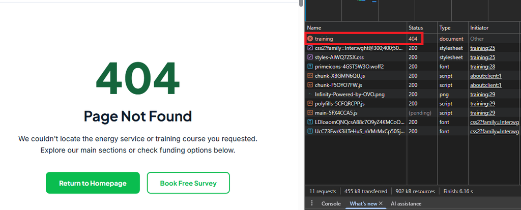 user browser developer tools shows initial response 404