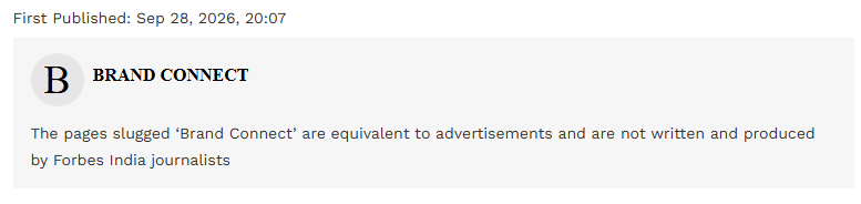 Brand connect advertisement disclaimer on Forbes India